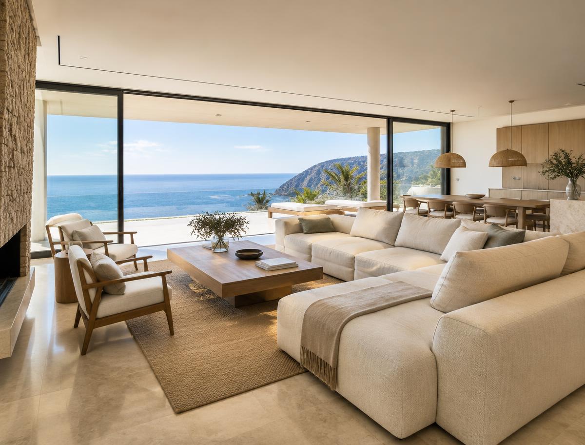 Helles Villeninterieur mit Blick auf den Atlantik